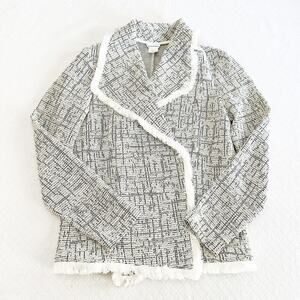 Club Monaco Black White Textured Faux Tweed Fringe Border Blazer Size Small